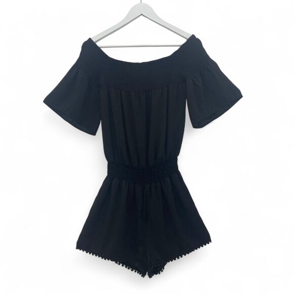 Patrizia Pepe Romper Women's S Smocked Neck & Waist Pom Pom Trim Silky Black - Picture 2 of 16
